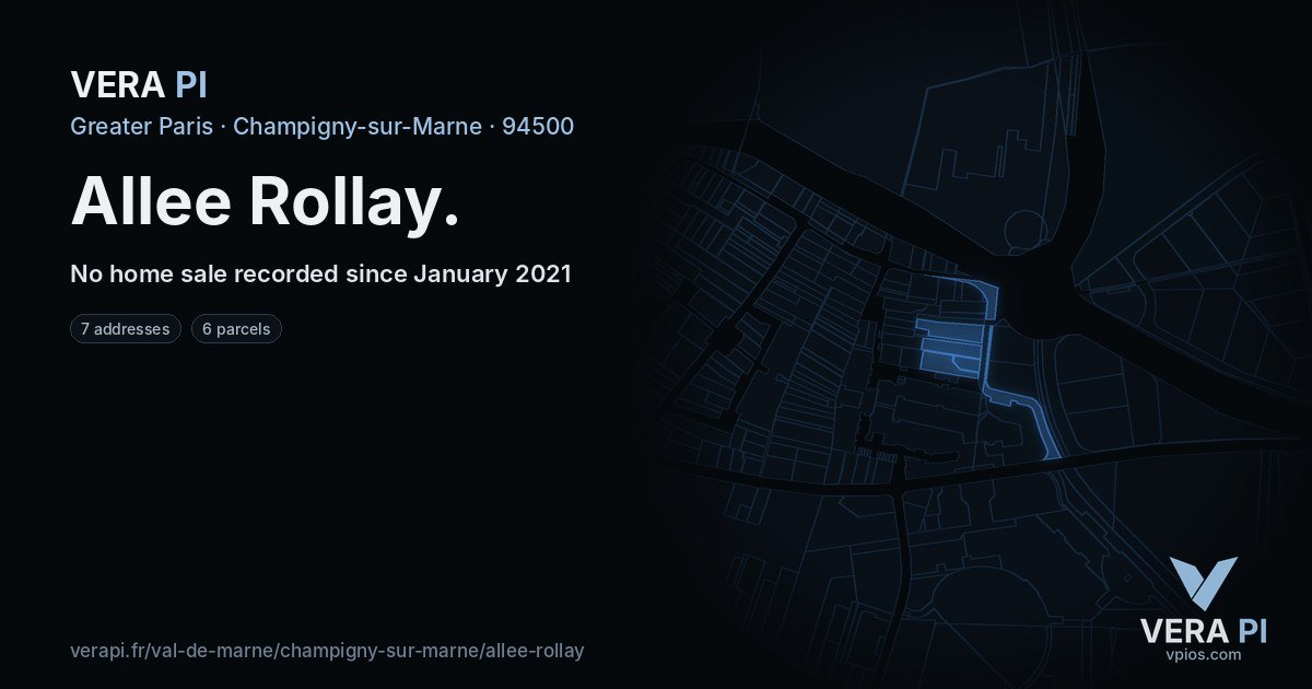 Allee Rollay, Champigny-sur-Marne at night – every parcel coloured by the prices around it, the street's own parcels lit