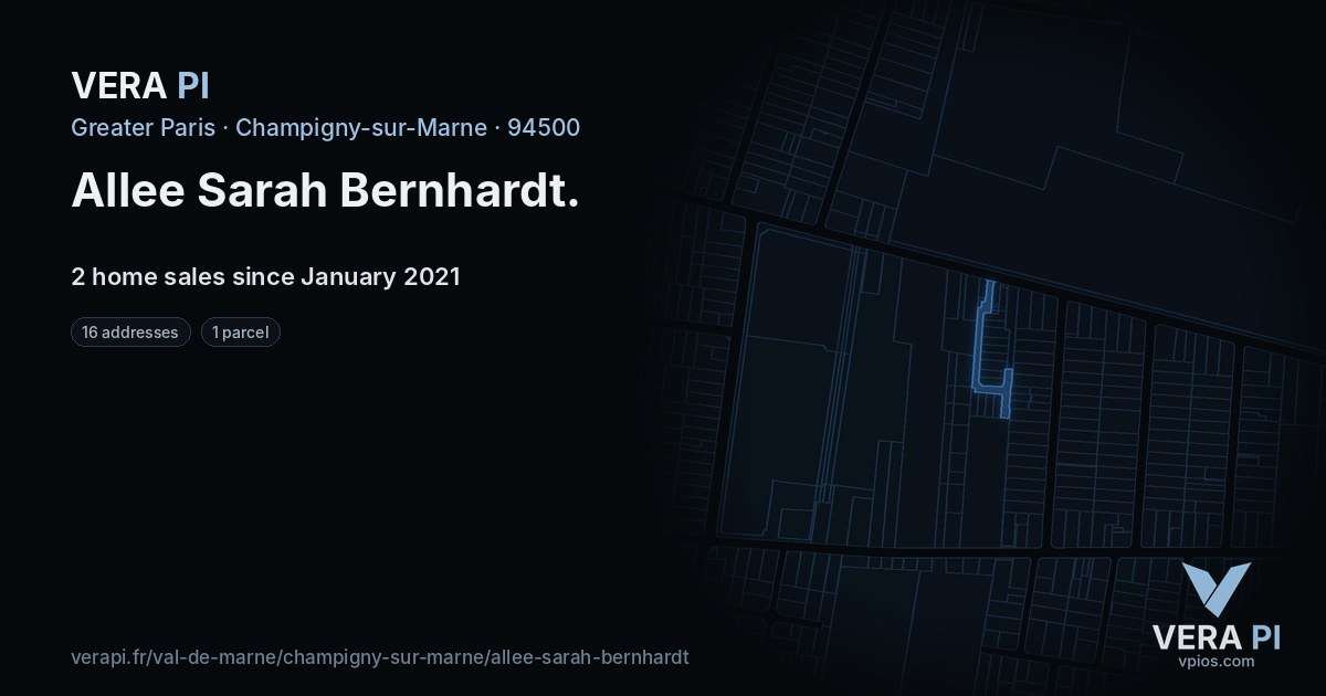 Allee Sarah Bernhardt, Champigny-sur-Marne at night – every parcel coloured by the prices around it, the street's own parcels lit