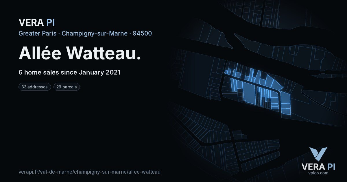 Allée Watteau, Champigny-sur-Marne at night – every parcel coloured by the prices around it, the street's own parcels lit