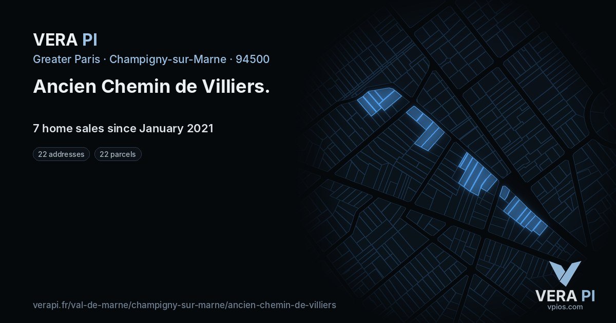 Ancien Chemin de Villiers, Champigny-sur-Marne at night – every parcel coloured by the prices around it, the street's own parcels lit
