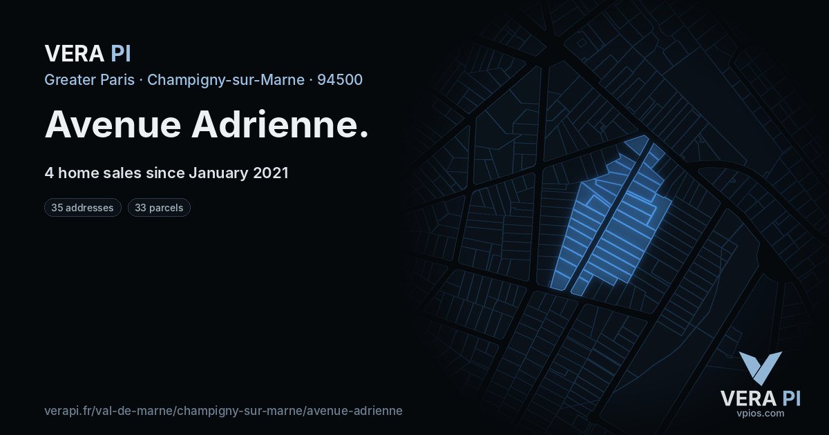 Avenue Adrienne, Champigny-sur-Marne at night – every parcel coloured by the prices around it, the street's own parcels lit