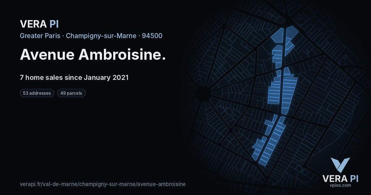 Avenue Ambroisine, Champigny-sur-Marne at night – every parcel coloured by the prices around it, the street's own parcels lit