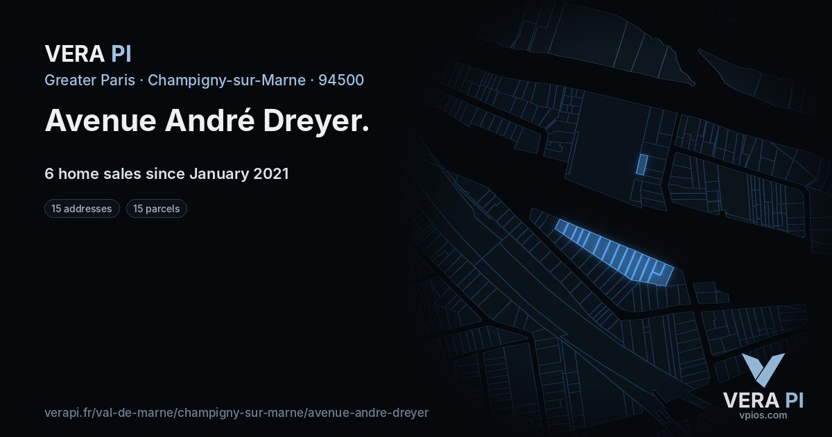 Avenue André Dreyer, Champigny-sur-Marne at night – every parcel coloured by the prices around it, the street's own parcels lit