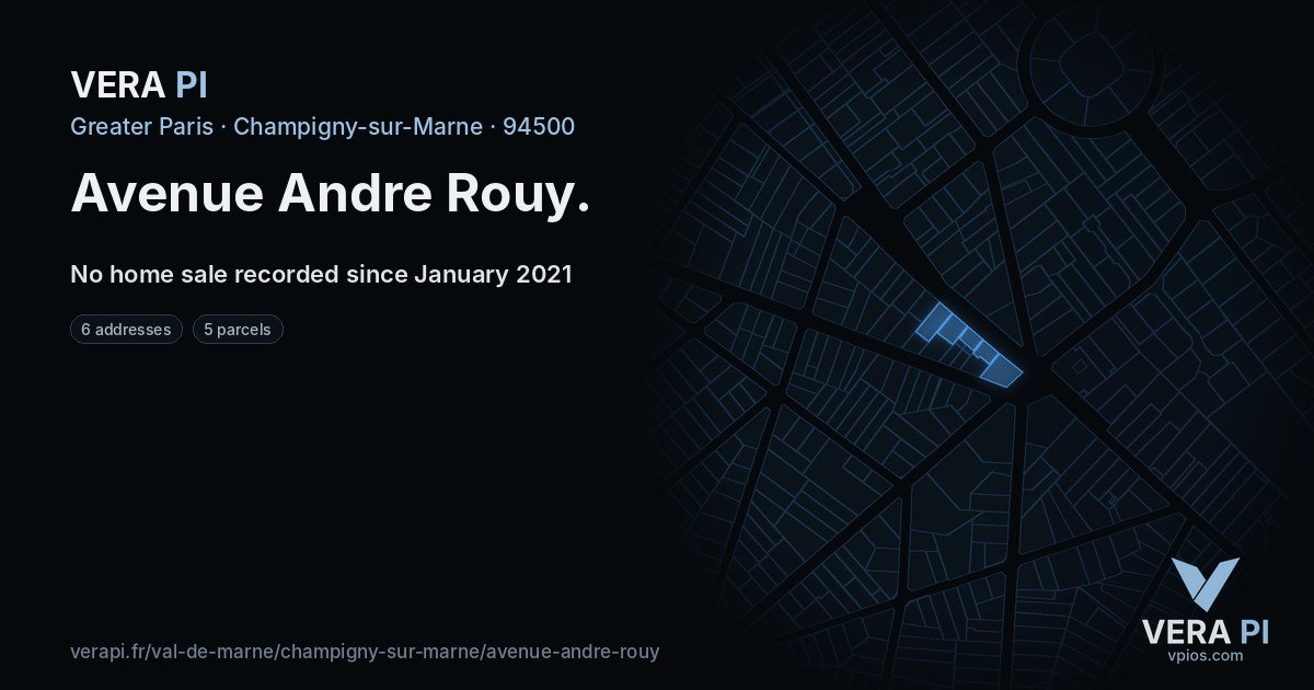 Avenue Andre Rouy, Champigny-sur-Marne at night – every parcel coloured by the prices around it, the street's own parcels lit
