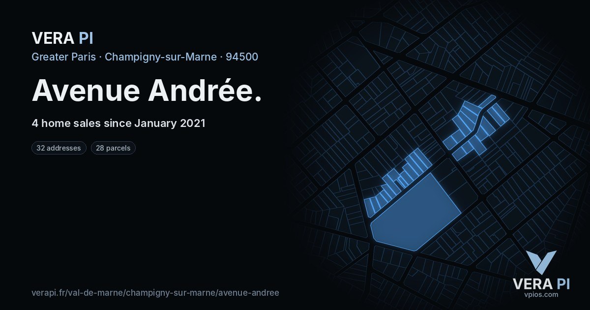 Avenue Andrée, Champigny-sur-Marne at night – every parcel coloured by the prices around it, the street's own parcels lit