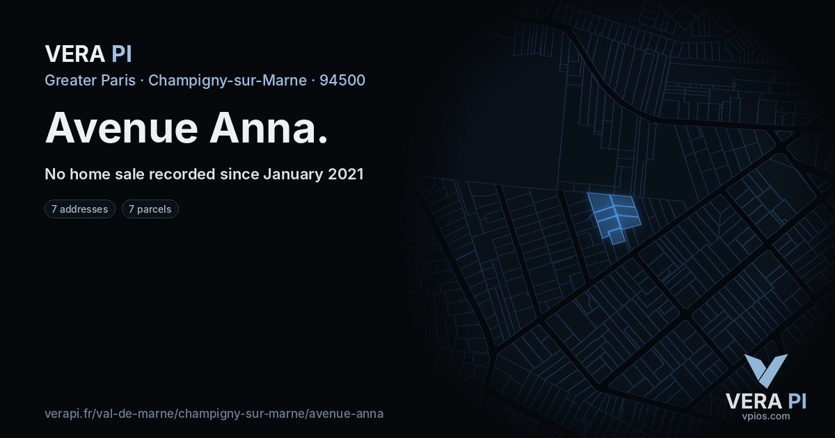 Avenue Anna, Champigny-sur-Marne at night – every parcel coloured by the prices around it, the street's own parcels lit
