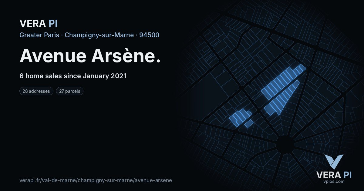 Avenue Arsène, Champigny-sur-Marne at night – every parcel coloured by the prices around it, the street's own parcels lit