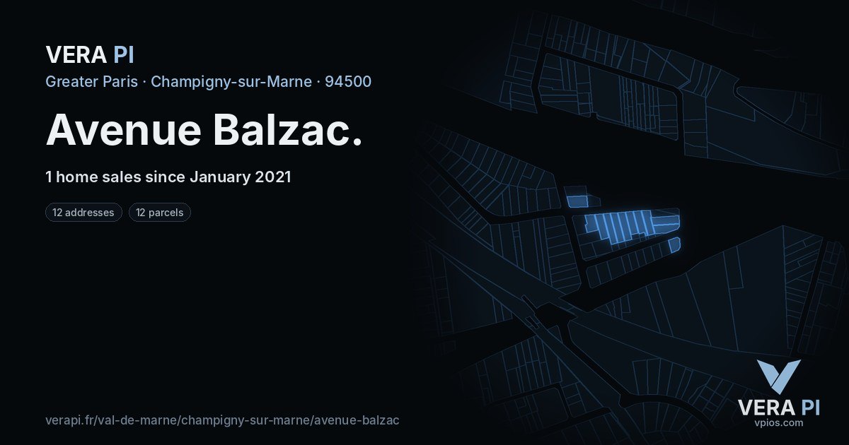 Avenue Balzac, Champigny-sur-Marne at night – every parcel coloured by the prices around it, the street's own parcels lit