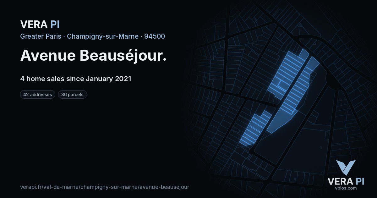 Avenue Beauséjour, Champigny-sur-Marne at night – every parcel coloured by the prices around it, the street's own parcels lit