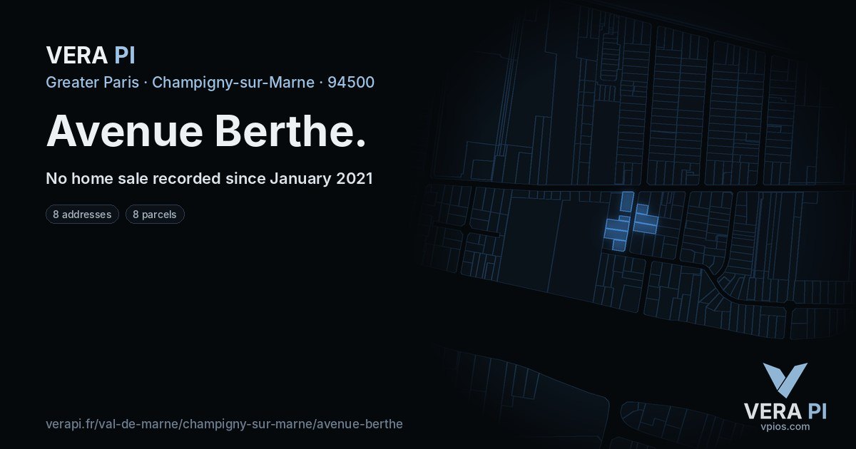 Avenue Berthe, Champigny-sur-Marne at night – every parcel coloured by the prices around it, the street's own parcels lit