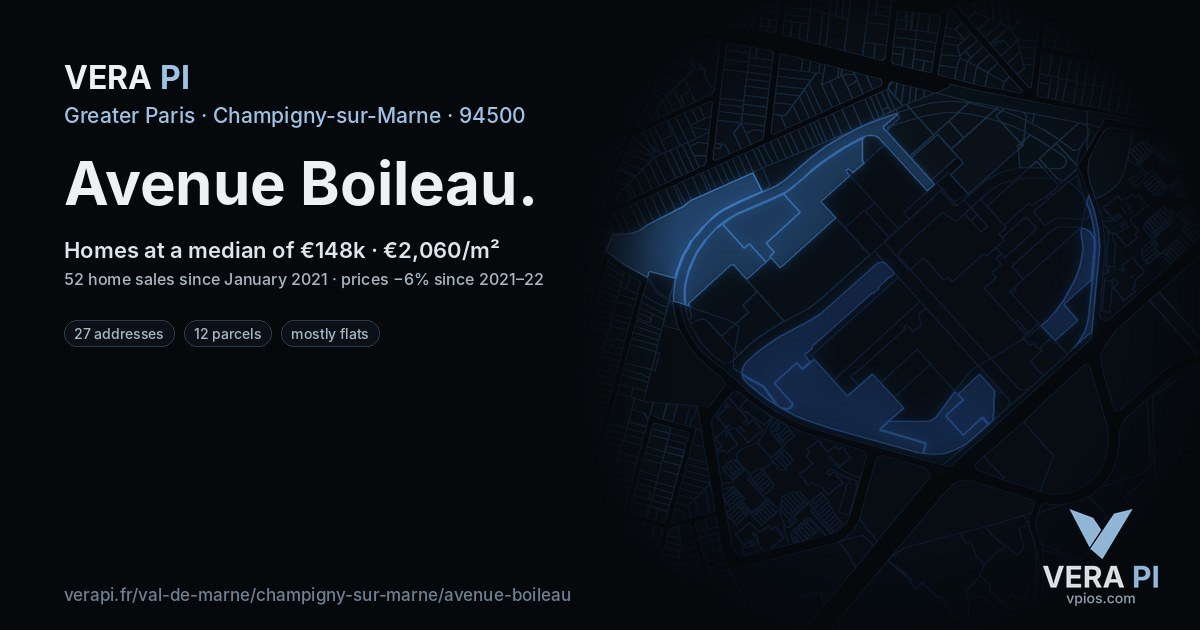 Avenue Boileau, Champigny-sur-Marne at night – every parcel coloured by the prices around it, the street's own parcels lit