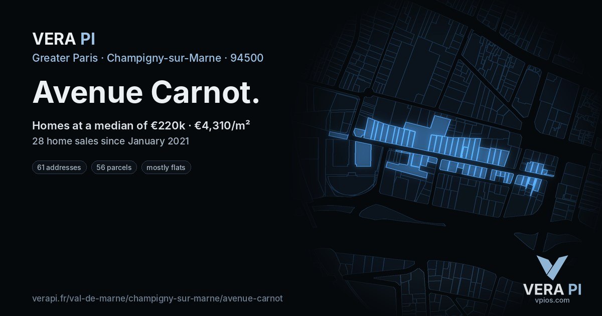 Avenue Carnot, Champigny-sur-Marne at night – every parcel coloured by the prices around it, the street's own parcels lit