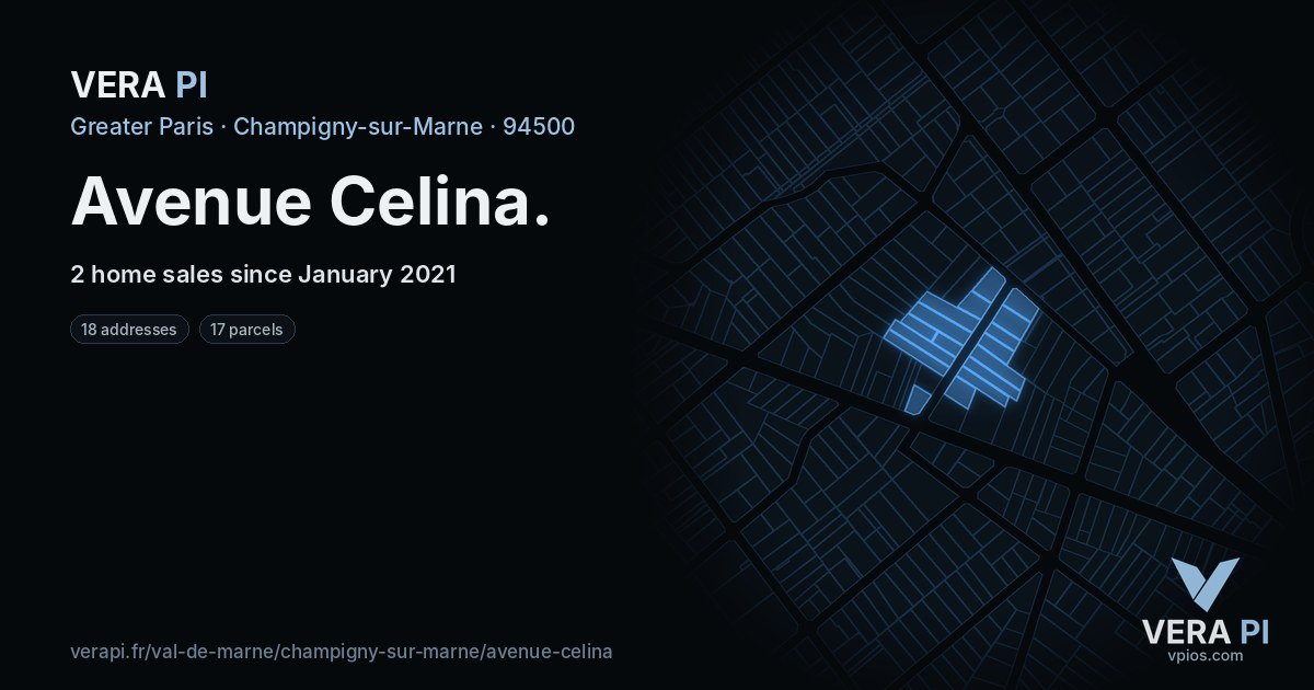 Avenue Celina, Champigny-sur-Marne at night – every parcel coloured by the prices around it, the street's own parcels lit