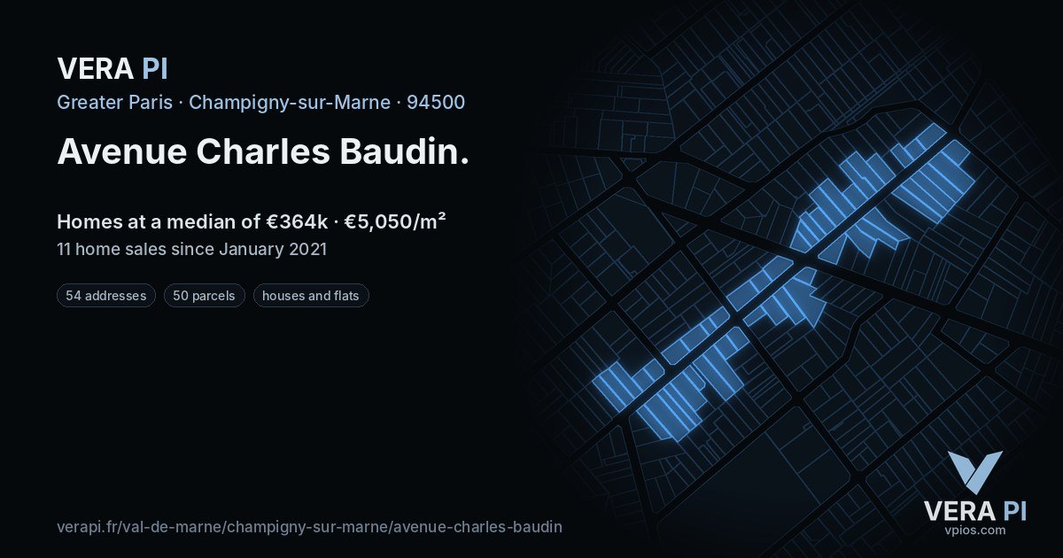 Avenue Charles Baudin, Champigny-sur-Marne at night – every parcel coloured by the prices around it, the street's own parcels lit