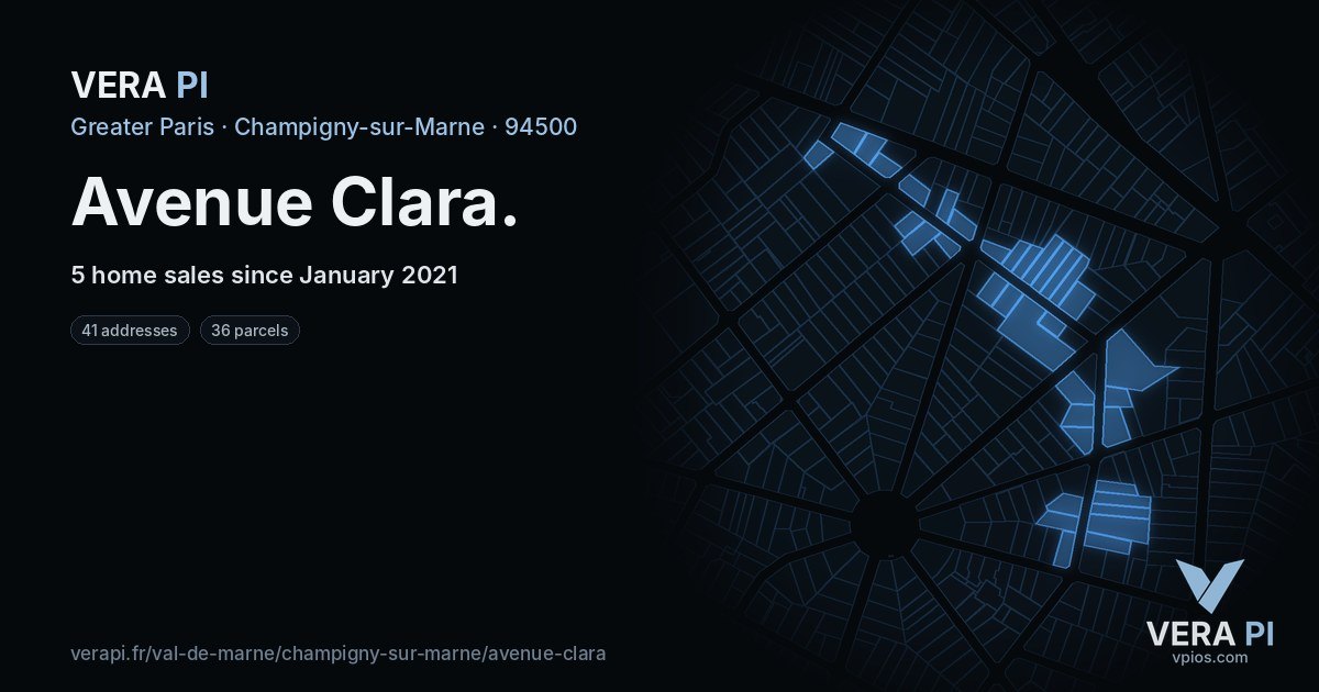 Avenue Clara, Champigny-sur-Marne at night – every parcel coloured by the prices around it, the street's own parcels lit