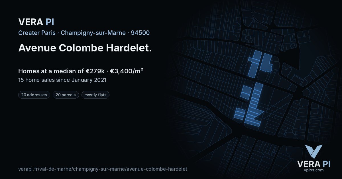 Avenue Colombe Hardelet, Champigny-sur-Marne at night – every parcel coloured by the prices around it, the street's own parcels lit