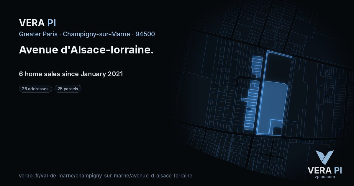 Avenue d'Alsace-lorraine, Champigny-sur-Marne at night – every parcel coloured by the prices around it, the street's own parcels lit