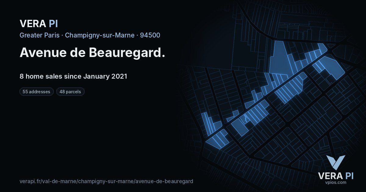 Avenue de Beauregard, Champigny-sur-Marne at night – every parcel coloured by the prices around it, the street's own parcels lit