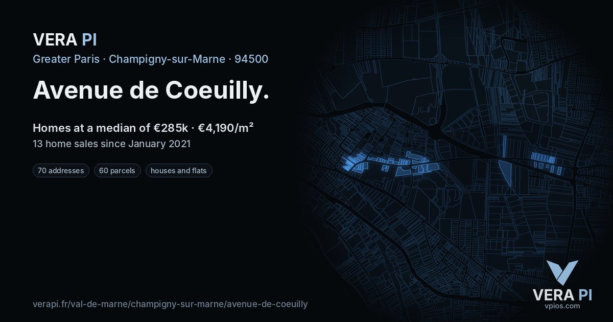 Avenue de Coeuilly, Champigny-sur-Marne at night – every parcel coloured by the prices around it, the street's own parcels lit