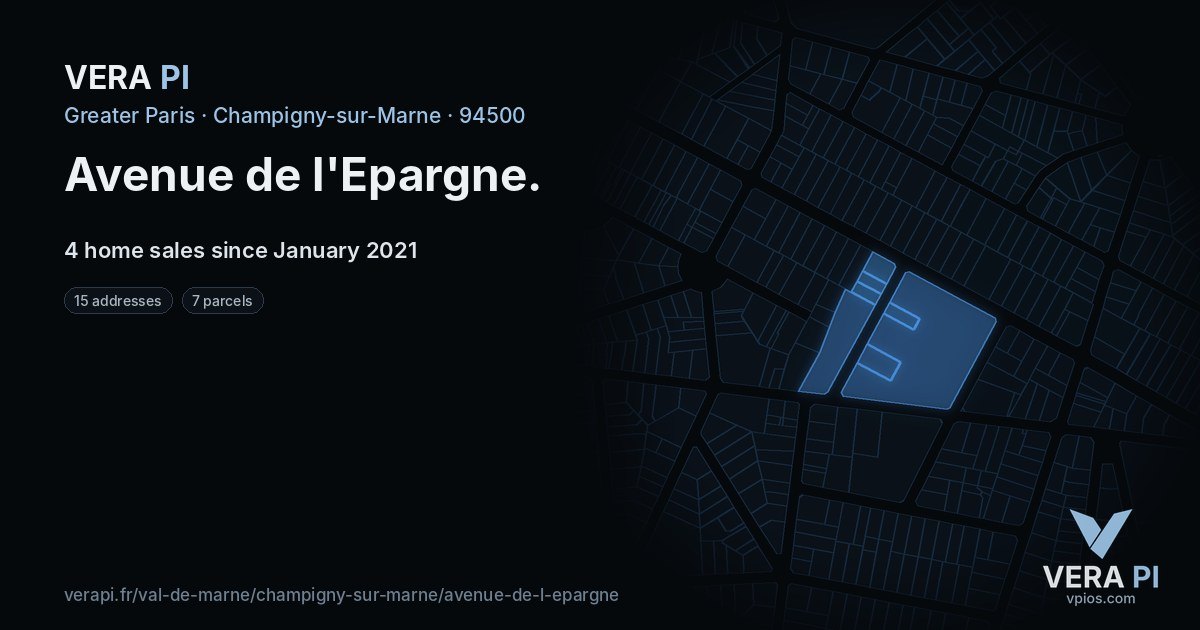 Avenue de l'Epargne, Champigny-sur-Marne at night – every parcel coloured by the prices around it, the street's own parcels lit