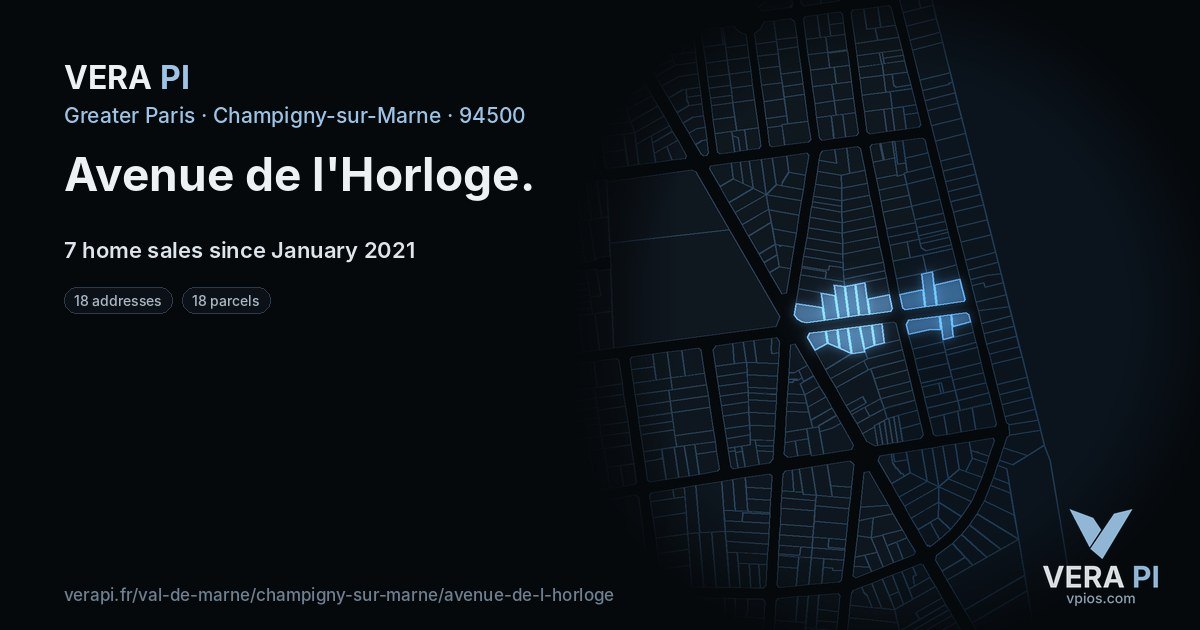 Avenue de l'Horloge, Champigny-sur-Marne at night – every parcel coloured by the prices around it, the street's own parcels lit
