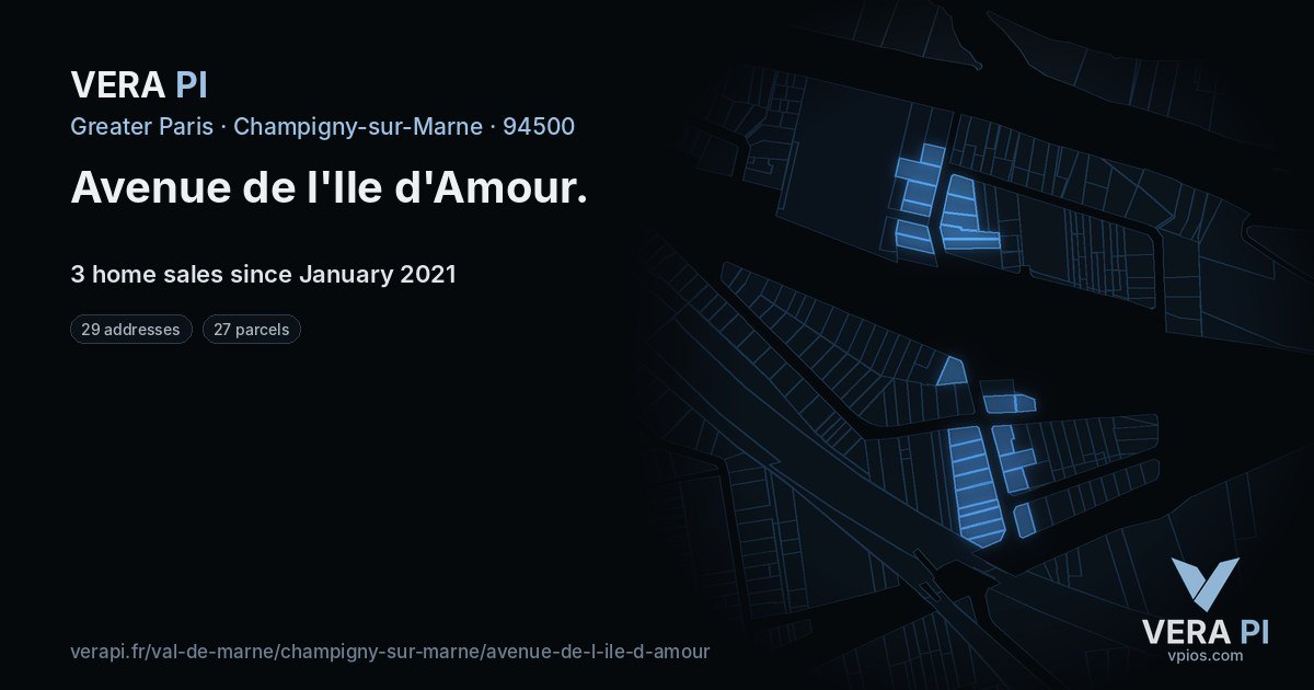 Avenue de l'Ile d'Amour, Champigny-sur-Marne at night – every parcel coloured by the prices around it, the street's own parcels lit
