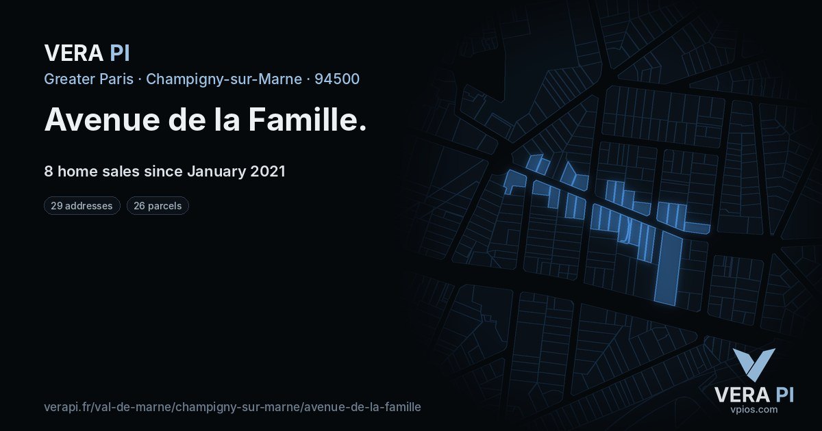 Avenue de la Famille, Champigny-sur-Marne at night – every parcel coloured by the prices around it, the street's own parcels lit