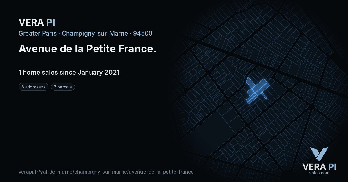 Avenue de la Petite France, Champigny-sur-Marne at night – every parcel coloured by the prices around it, the street's own parcels lit