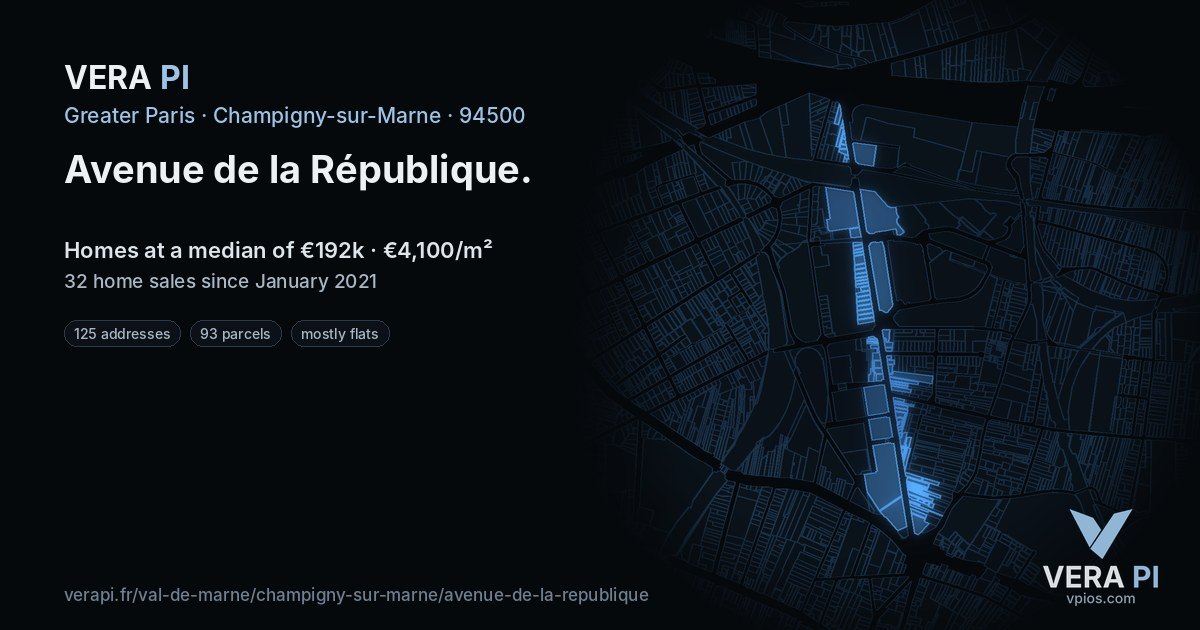 Avenue de la République, Champigny-sur-Marne at night – every parcel coloured by the prices around it, the street's own parcels lit