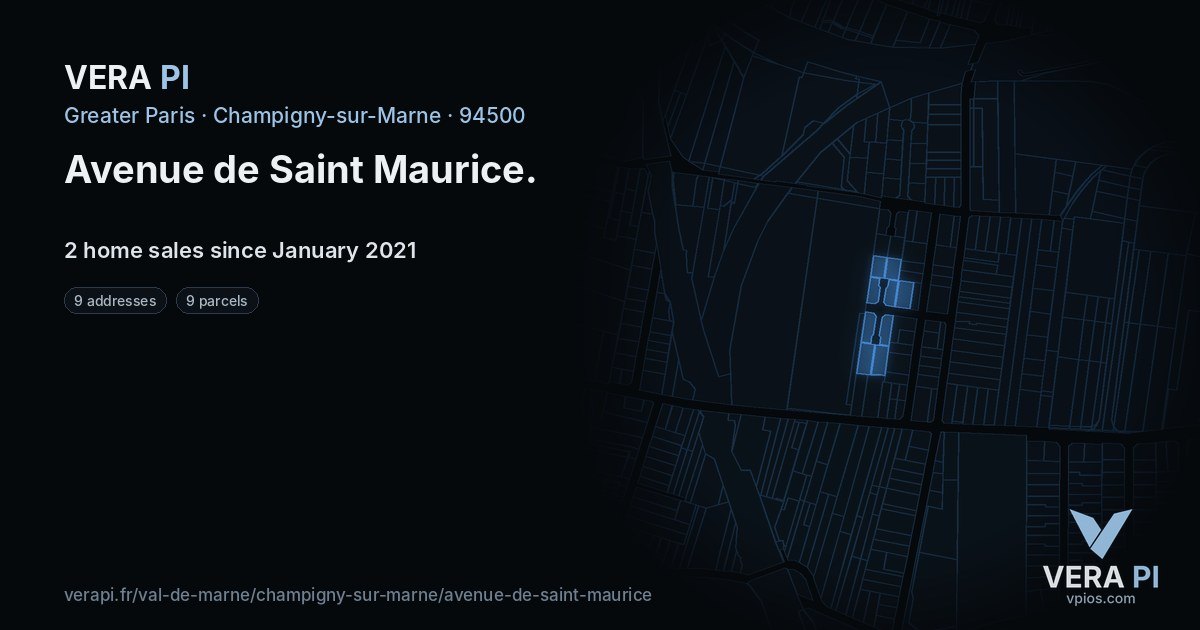 Avenue de Saint Maurice, Champigny-sur-Marne at night – every parcel coloured by the prices around it, the street's own parcels lit