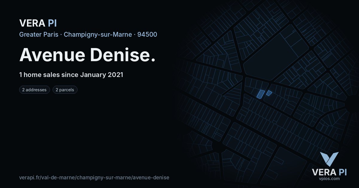 Avenue Denise, Champigny-sur-Marne at night – every parcel coloured by the prices around it, the street's own parcels lit