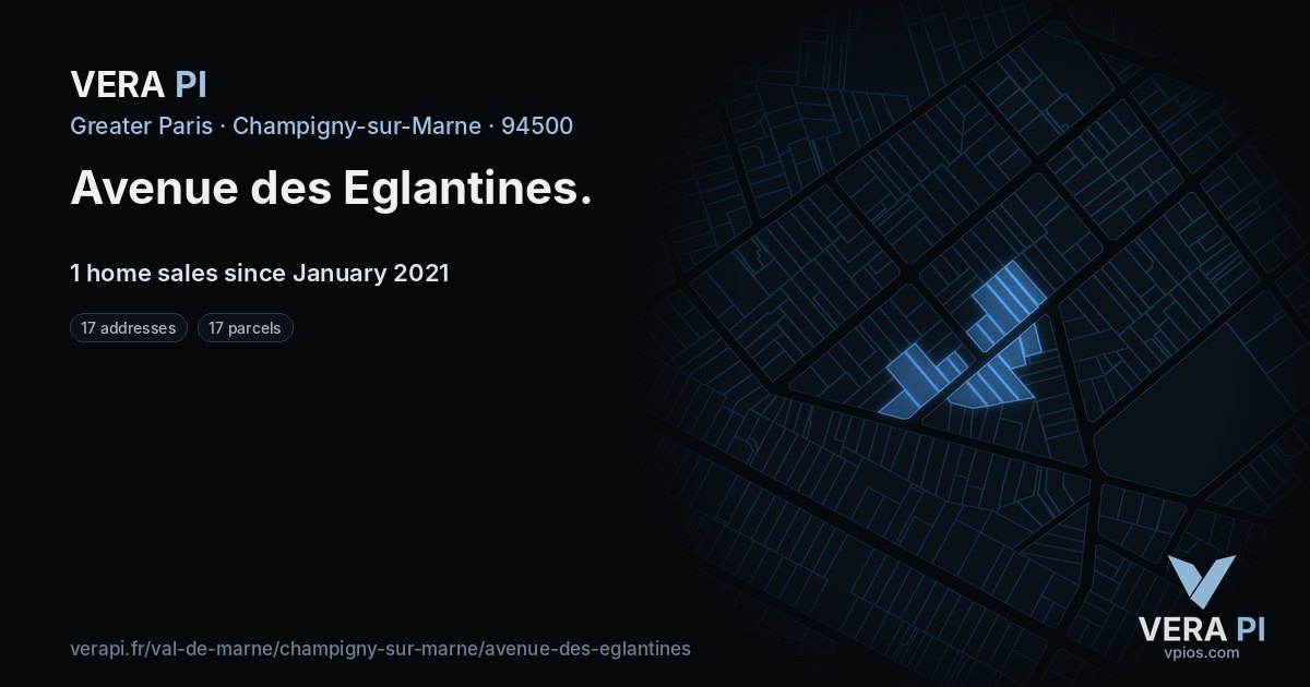 Avenue des Eglantines, Champigny-sur-Marne at night – every parcel coloured by the prices around it, the street's own parcels lit