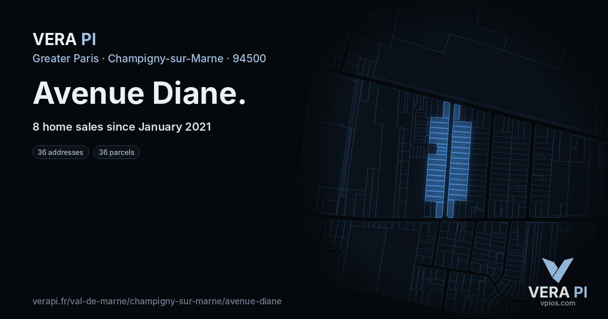 Avenue Diane, Champigny-sur-Marne at night – every parcel coloured by the prices around it, the street's own parcels lit