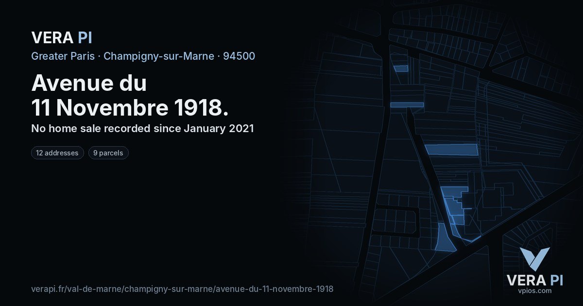 Avenue du 11 Novembre 1918, Champigny-sur-Marne at night – every parcel coloured by the prices around it, the street's own parcels lit