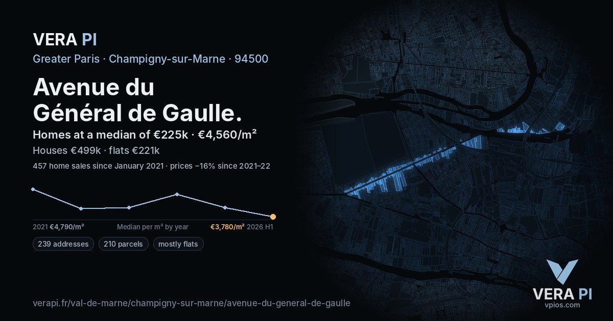 Avenue du Général de Gaulle, Champigny-sur-Marne at night – every parcel coloured by the prices around it, the street's own parcels lit