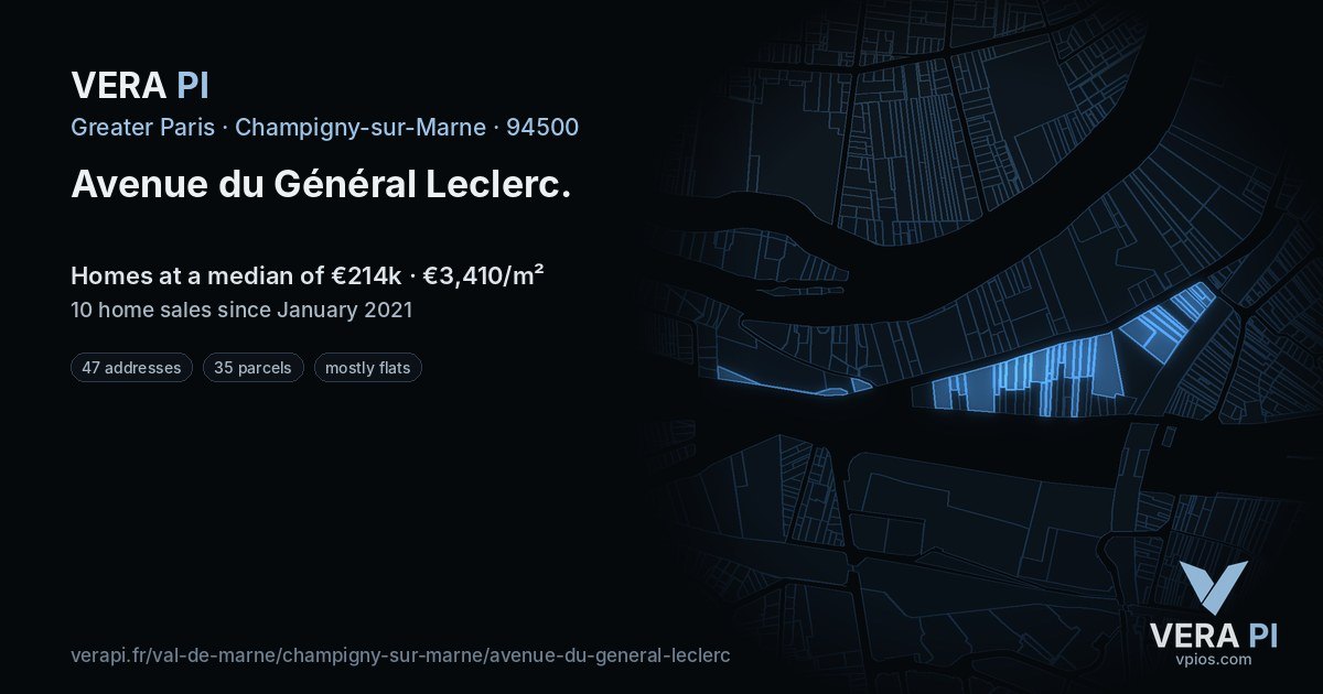 Avenue du Général Leclerc, Champigny-sur-Marne at night – every parcel coloured by the prices around it, the street's own parcels lit