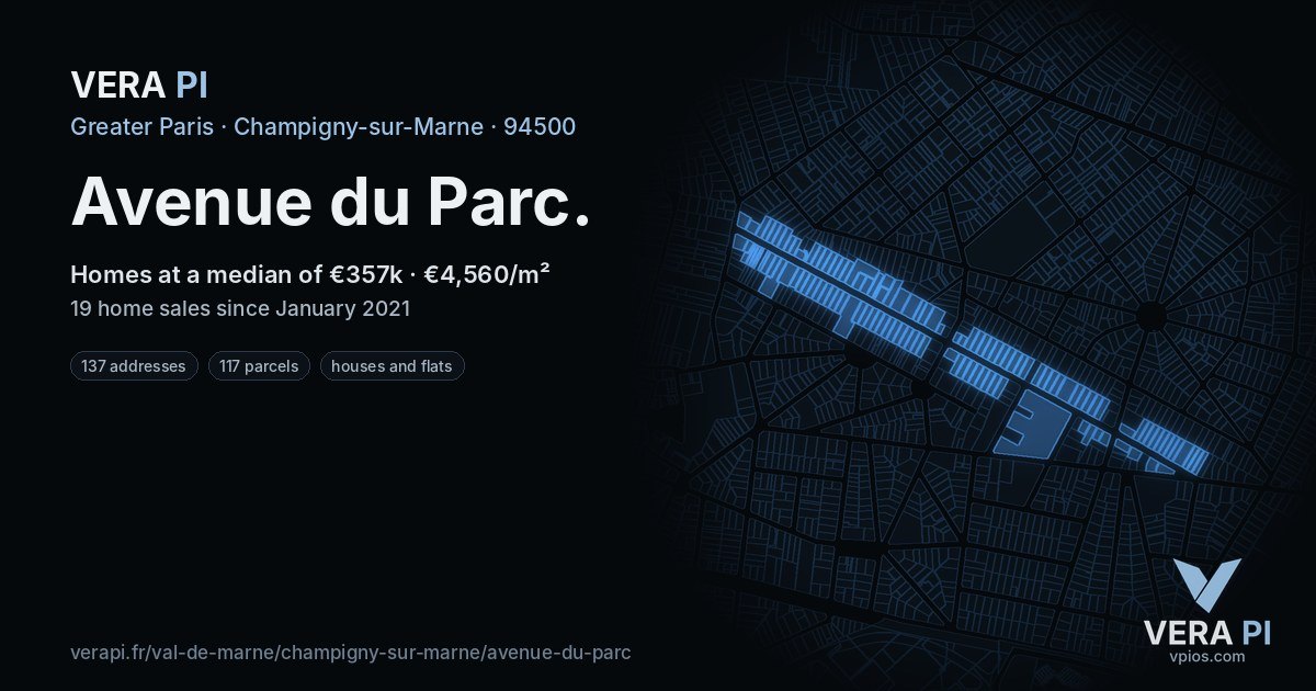 Avenue du Parc, Champigny-sur-Marne at night – every parcel coloured by the prices around it, the street's own parcels lit