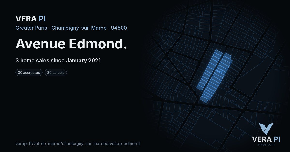 Avenue Edmond, Champigny-sur-Marne at night – every parcel coloured by the prices around it, the street's own parcels lit
