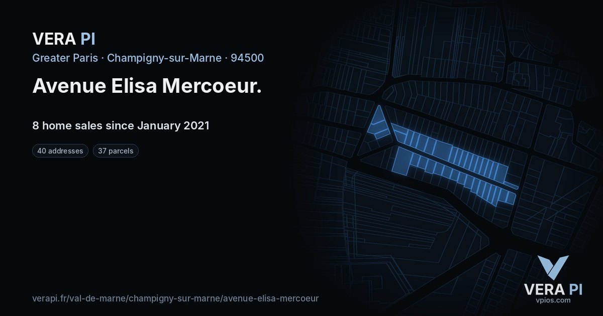 Avenue Elisa Mercoeur, Champigny-sur-Marne at night – every parcel coloured by the prices around it, the street's own parcels lit