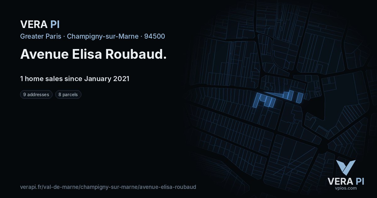 Avenue Elisa Roubaud, Champigny-sur-Marne at night – every parcel coloured by the prices around it, the street's own parcels lit