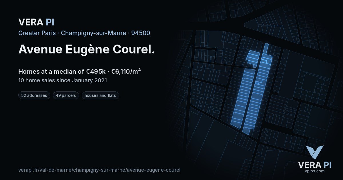 Avenue Eugène Courel, Champigny-sur-Marne at night – every parcel coloured by the prices around it, the street's own parcels lit