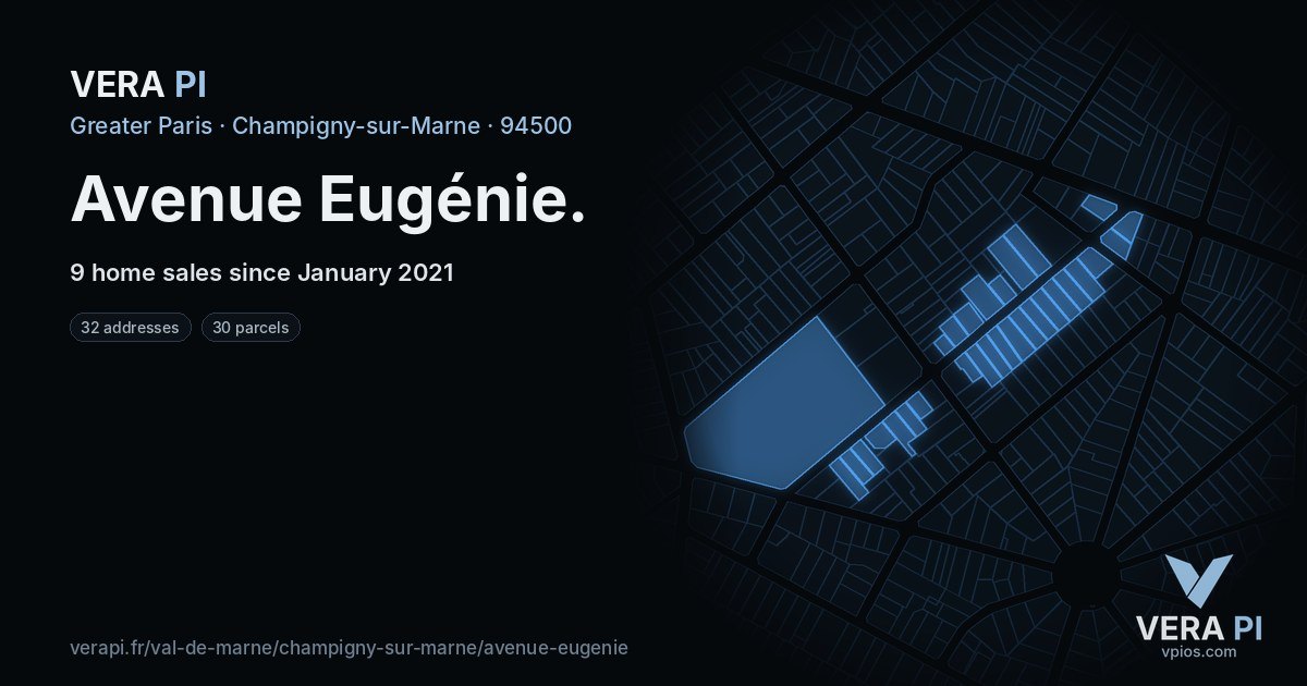 Avenue Eugénie, Champigny-sur-Marne at night – every parcel coloured by the prices around it, the street's own parcels lit