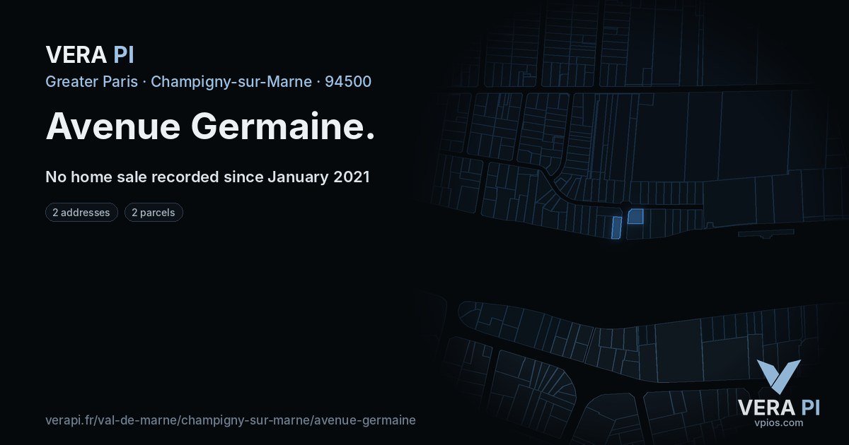 Avenue Germaine, Champigny-sur-Marne at night – every parcel coloured by the prices around it, the street's own parcels lit