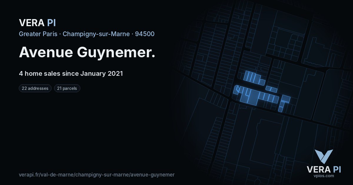 Avenue Guynemer, Champigny-sur-Marne at night – every parcel coloured by the prices around it, the street's own parcels lit