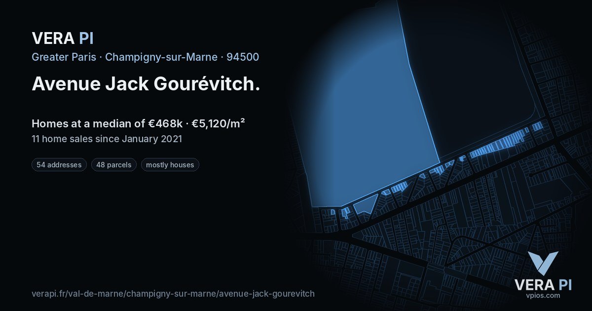 Avenue Jack Gourévitch, Champigny-sur-Marne at night – every parcel coloured by the prices around it, the street's own parcels lit