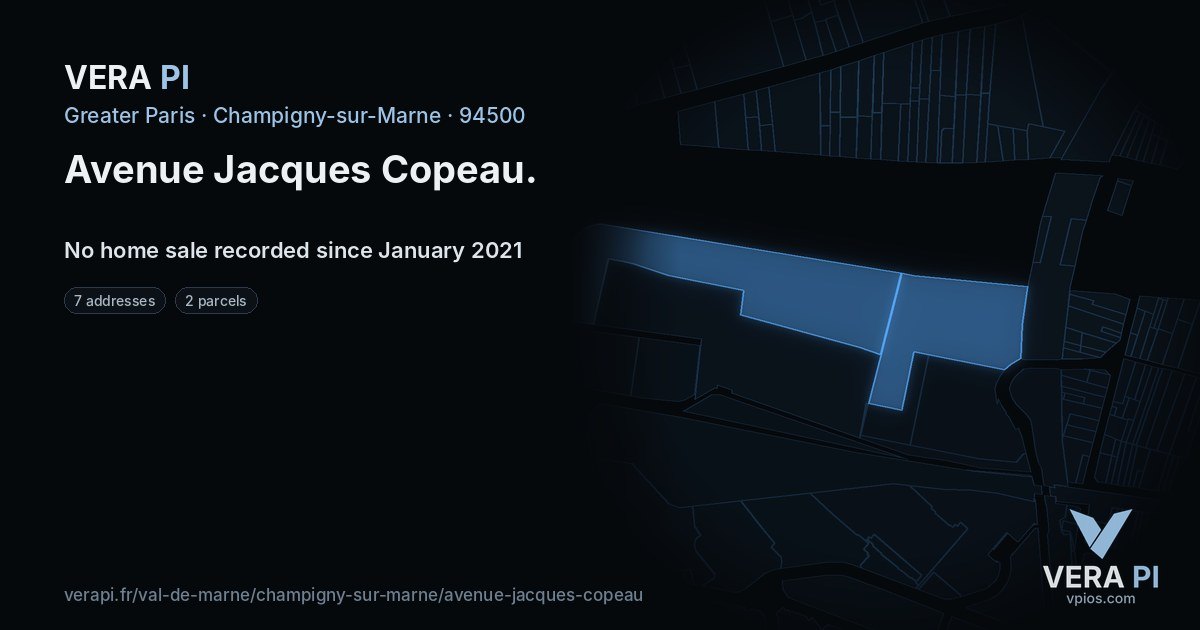 Avenue Jacques Copeau, Champigny-sur-Marne at night – every parcel coloured by the prices around it, the street's own parcels lit
