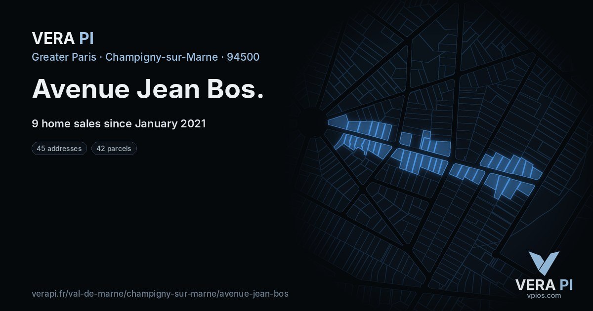 Avenue Jean Bos, Champigny-sur-Marne at night – every parcel coloured by the prices around it, the street's own parcels lit