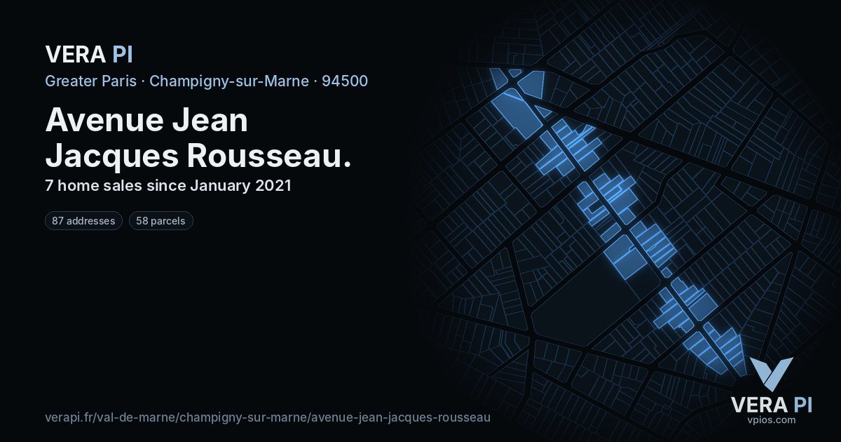 Avenue Jean Jacques Rousseau, Champigny-sur-Marne at night – every parcel coloured by the prices around it, the street's own parcels lit