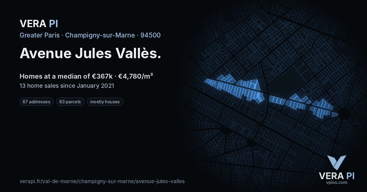 Avenue Jules Vallès, Champigny-sur-Marne at night – every parcel coloured by the prices around it, the street's own parcels lit