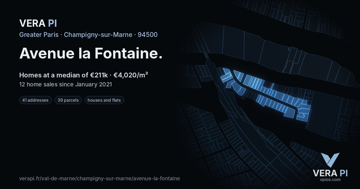 Avenue la Fontaine, Champigny-sur-Marne at night – every parcel coloured by the prices around it, the street's own parcels lit